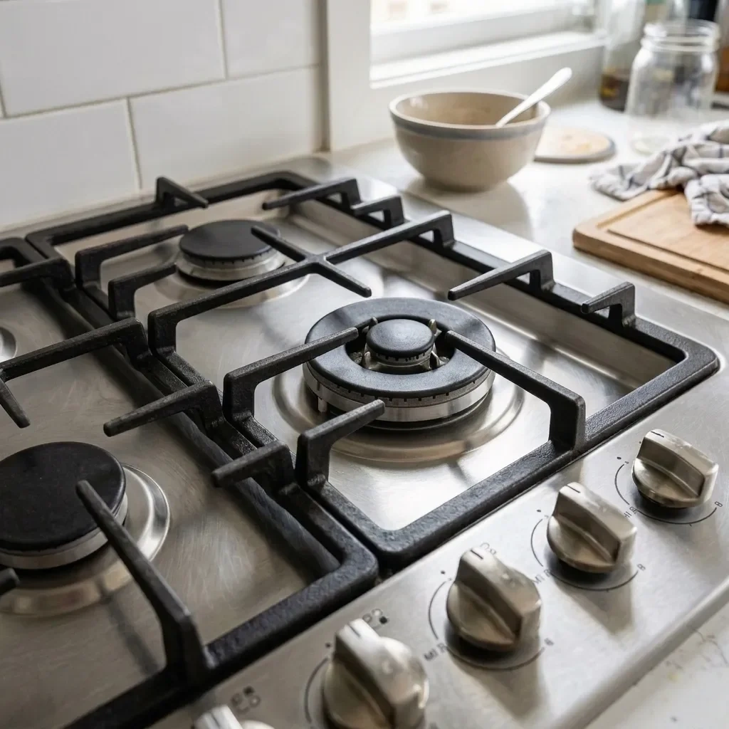 Side view of polished gas stove after Splash Maids deep cleaning