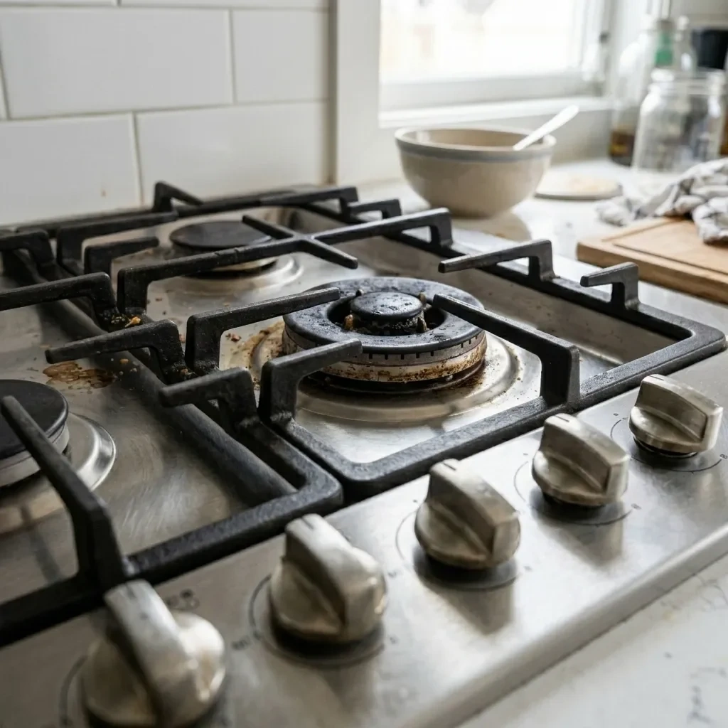 Side view of dirty gas stove before Splash Maids deep cleaning