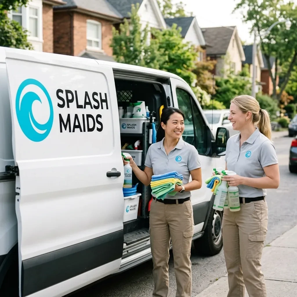 Splash Maids team Yuki and Chloe arriving at a Toronto home in their branded white cleaning van