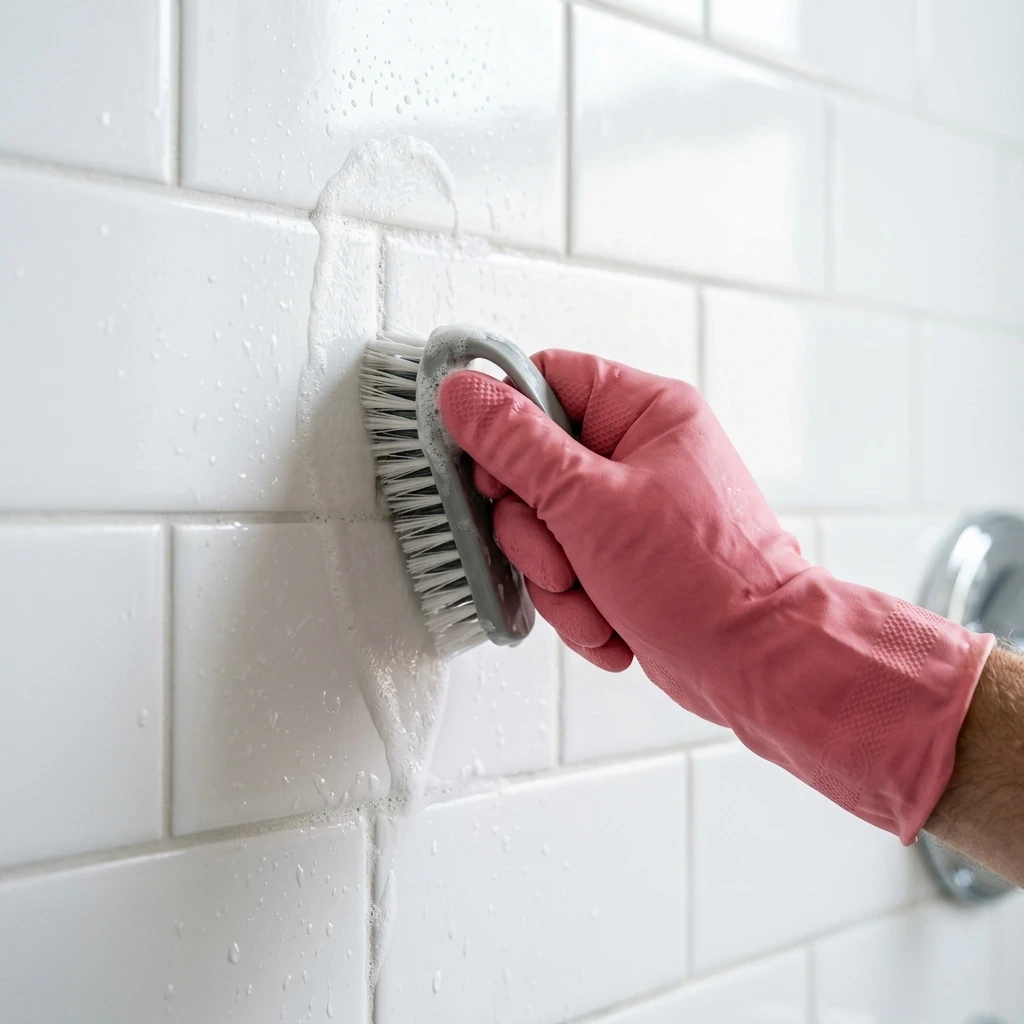 Professional deep scrubbing of bathroom tiles and intensive grout detailing with pink rubber gloves