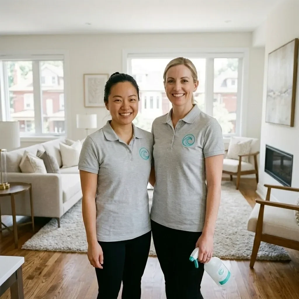 Splash Maids founders and professional cleaning team smiling warmly in an immaculate Toronto living room