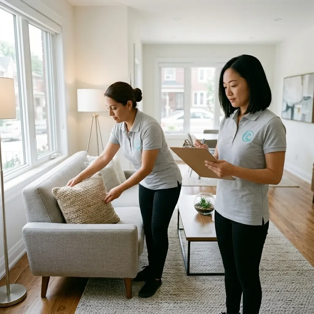 Professional Latina and distinct Asian female cleaning specialists from Splash Maids conducting a meticulous quality inspection in a beautiful modern living room